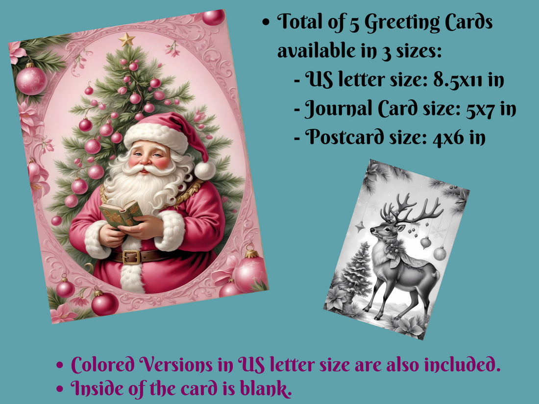 Festive Christmas Coloring Greeting Cards Set 1-Pack of 5, Printable Greeting Cards, Digital Download