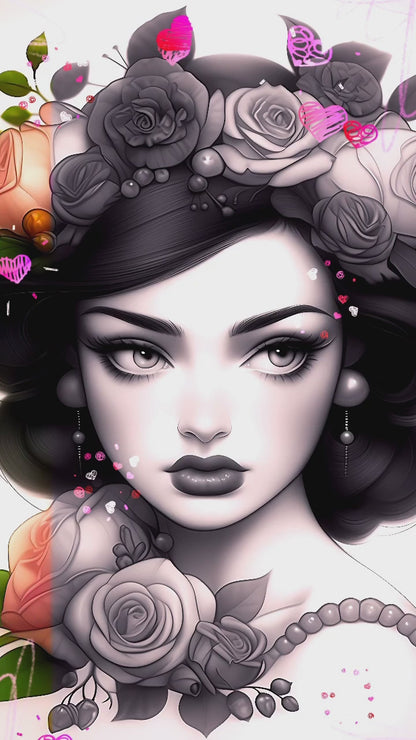 Beautiful Girl With Roses Grayscale Coloring Page For Adults & Kids
